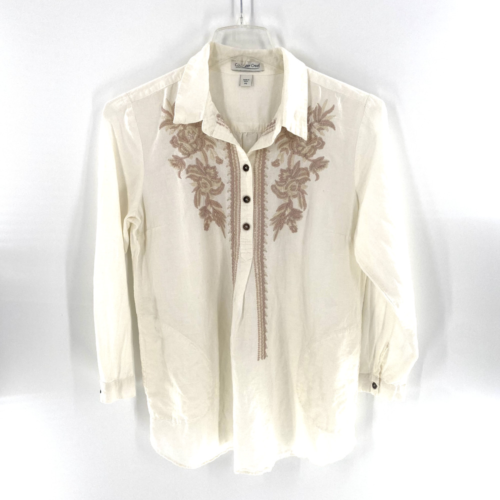 Coldwater Creek Womens Popover Top Linen Tunic White Embroidered Boho Sz‎ PS